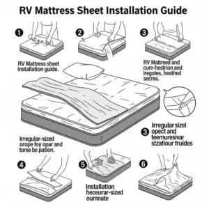 A step-by-step graphic illustrating how to properly install and secure rv sheets on an irregular-sized RV mattress.