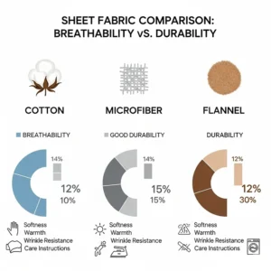 An infographic comparing different fabric materials for rv sheets, such as cotton, microfiber, and flannel, based on breathability and durability.