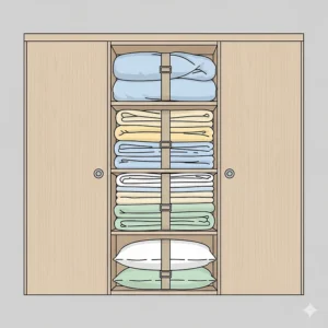 A visual of neatly folded rv sheets and bedding stored in a compact cabinet, demonstrating efficient storage for small spaces.