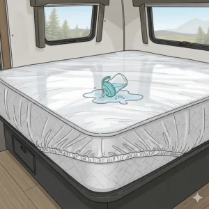 A protective, waterproof rv sheet covering an RV mattress to prevent spills and moisture damage while traveling.