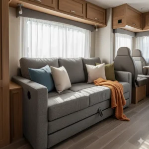 Comfortable fabric RV sofa bed seating arrangement, perfect for daytime lounging and travel.
