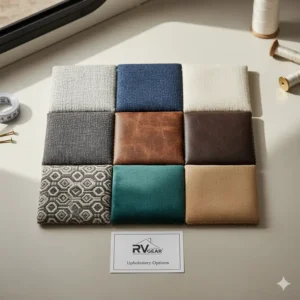 Collage showing various upholstery fabric and leatherette options available for the new camper sofa bed.