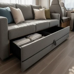 Image detailing the built-in storage compartment accessible under the cushions of the rv camper sofa bed.
