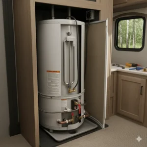 A standard tank-style water heater for an RV, with its round tank visible, used to store and heat water.
