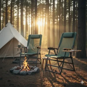 A convenient set of two matching camping chairs, each featuring an attached side table.