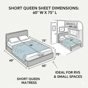 A helpful diagram illustrating the specific dimensions of short queen sheets and their fit for RVs or small spaces.