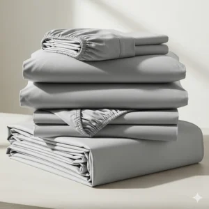 A complete set of short queen sheets, including a fitted sheet, flat sheet, and two pillowcases, folded neatly and stacked.