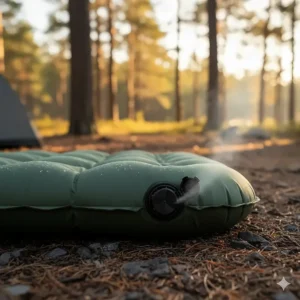 A close-up side view of a two-person camping mat, highlighting its thickness and self-inflating valve to show its comfort features.