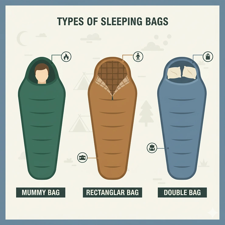 A side-by-side comparison of different types of sleeping bags, including mummy bags, rectangular bags, and double bags, highlighting their unique features.