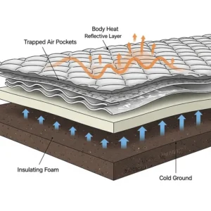 An illustration showing the insulation layers within a camping sleeping pad, demonstrating how it prevents heat loss to the ground.