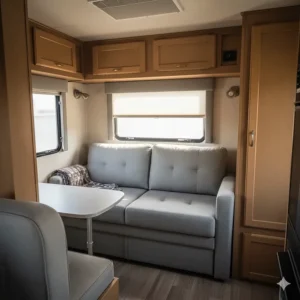 A compact rv camper sofa bed successfully installed in the limited space of a smaller travel trailer.