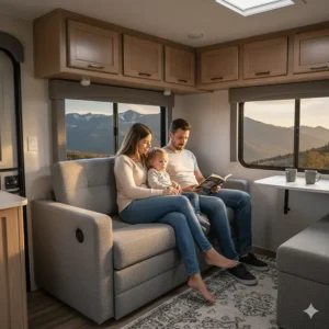 People relaxing on a functional and space-efficient jackknife sofa inside a small camper or travel trailer.