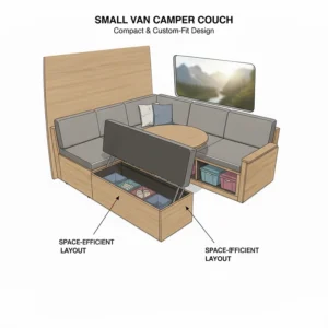 Illustration of a compact, custom-fit couch designed specifically for a small camper van, showcasing a space-efficient layout.