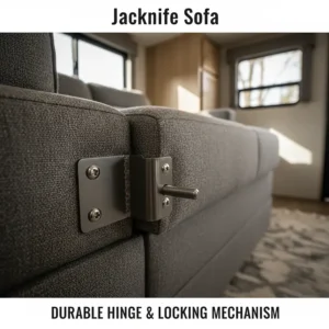 Close-up of the durable hinge and locking mechanism of a quality jackknife sofa used in a travel trailer.