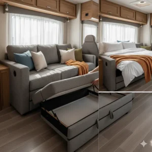 Animated illustration or sequence showing the easy conversion mechanism of the rv sofa bed from couch to bed.