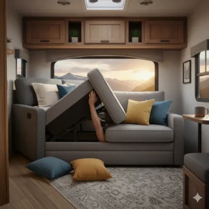 A sequence showing the simple manual mechanism to convert the jackknife sofa from a seat into a flat sleeping surface for a camper.