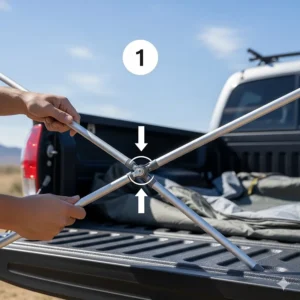 A diagram or photo illustrating the first step of setting up a truck bed tent on a Tacoma, showing the pole assembly.