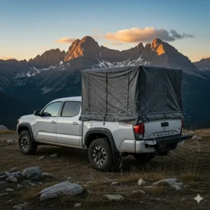 A truck bed tent on a Tacoma with the rainfly attached, highlighting its weatherproof design.