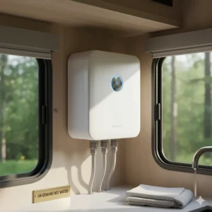 A compact, high-efficiency tankless water heater specifically designed for a camper, highlighting its small size.