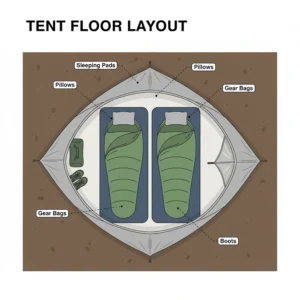 A diagram of a tent floor layout that effectively shows how to arrange multiple camping bedding items for optimal space and comfort.