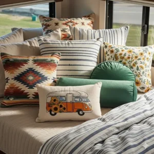 A selection of decorative throw pillows that complement various motorhome bedding sets, adding a personal touch.
