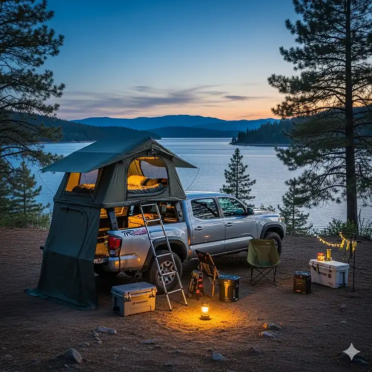 A lifestyle shot of a Tacoma with a truck bed tent set up at a scenic campsite near a lake.