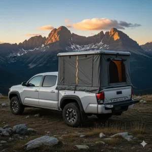 A high-quality photo of a truck bed tent set up on a Tacoma pickup, showing the full tent with a scenic mountain backdrop.