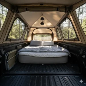 Interior view of a truck bed tent pitched on a Tacoma, showing ample space and screened windows for ventilation.