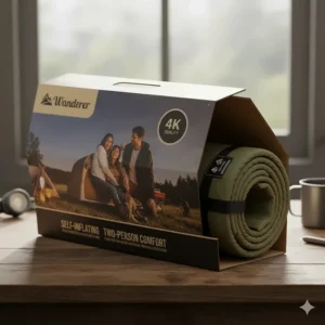 A new two-person camping mat is shown still folded in its packaging box, giving a sense of the product as it's received.