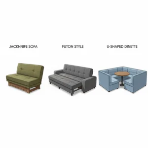 Illustration showing the different types of camper couches, including a small jackknife sofa, a full-length futon style, and a U-shaped dinette for social seating.