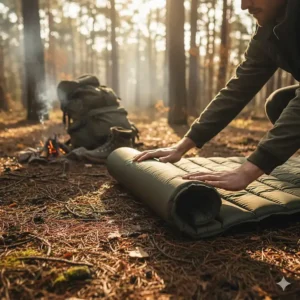 A person unrolling a two-person camping mat on the forest floor, showing how quickly it expands to provide a sleeping surface for two campers.