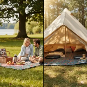 An outdoor mat being used for a picnic in a park and another being used as a tent rug, showing its versatility beyond just RV camping.