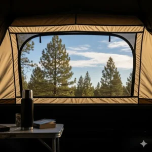 A view of the outdoors from the window of an F-150 tent, highlighting the integrated window and natural light.