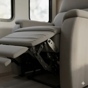 Close-up view of the smooth-operating, zero-clearance wall-hugger reclining mechanism on a camper loveseat, designed for tight RV spaces.