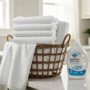 A still life image of a laundry basket containing a set of RV queen sheets, with a bottle of gentle detergent nearby, suggesting care instructions.