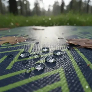 Close-up shot of a waterproof camping rug with water beading on the surface, demonstrating its moisture-resistant properties.