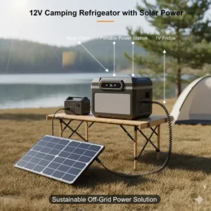 A versatile 12V camping refrigerator connected to a portable solar panel and battery setup for off-grid power.