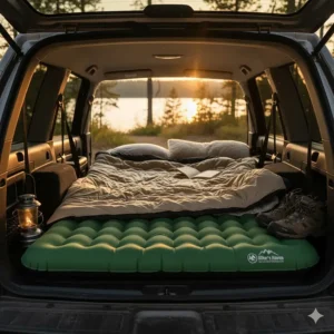 The 2 person camp pad laid out in the back of an SUV, ideal for comfortable car camping or overlanding.