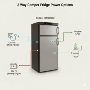 Diagram illustrating the three power sources for a 3 way camper fridge: 120V AC, 12V DC, and Propane (LPG).