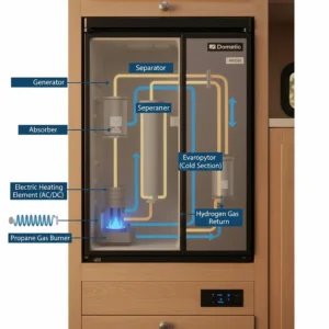 Diagram illustrating the internal cooling cycle of an absorption refrigerator often found in RVs, operating on gas or electricity.