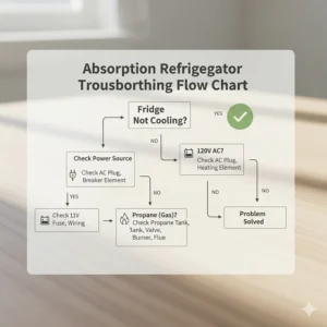 A basic troubleshooting flow chart to diagnose common issues with a camper 3 way refrigerator, like failure to cool on gas.