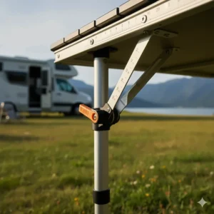 Detail view of an adjustable-height camper table, showing the locking mechanism for stable outdoor dining.