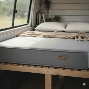 A simple, yet comfortable-looking affordable camper mattress on a wooden platform, appealing to budget-conscious buyers.