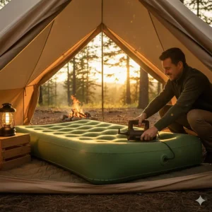 A person using a battery-powered electric pump to quickly inflate an air camp mattress.