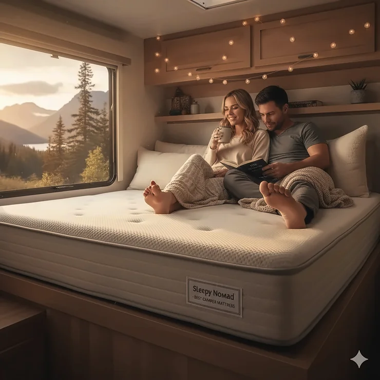 A couple sitting comfortably on a high-quality best camper mattress inside a well-lit RV, illustrating superior sleeping comfort for camping trips.