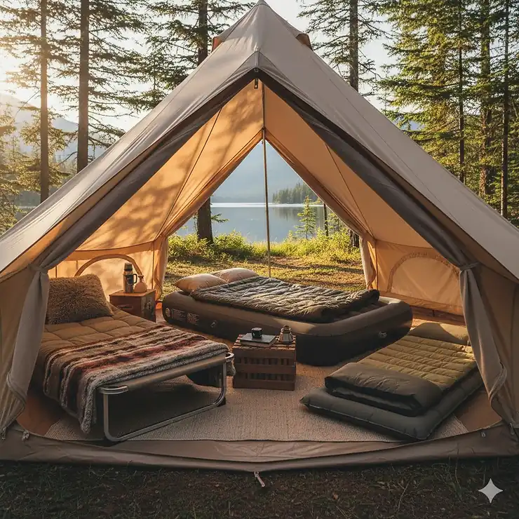 A selection of the best camping beds including a comfortable air mattress, an elevated camping cot, and a durable self-inflating sleeping pad, all set up inside a spacious tent.