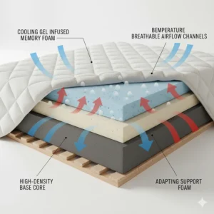Diagram illustrating the breathable, cooling foam structure used in the camper foam mattress for temperature regulation.