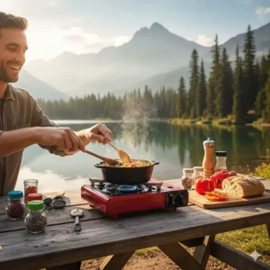 A chef cooking a small meal on a bright red butane single burner stove outdoors.