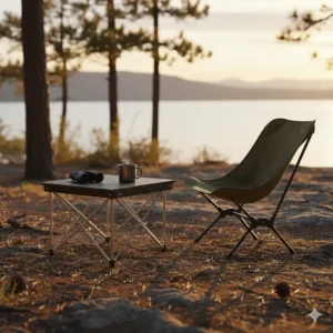 A relaxing camp chair and side table setup overlooking a scenic view at sunset.