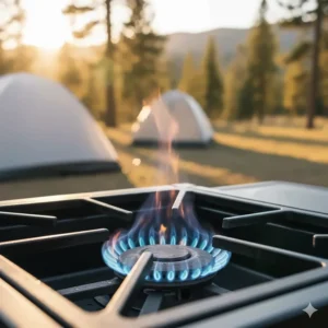 Powerful, adjustable flame demonstrating the high BTU output of the Camp Chef Tundra 3 burner stove.